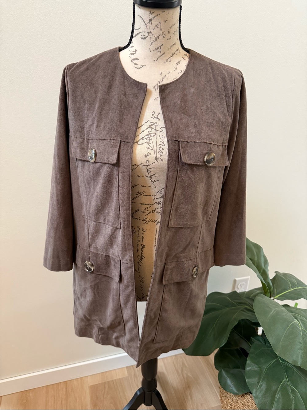 Multiples Brown Faux Suede Utility Jacket Open Front Pocket Shacket Size Small